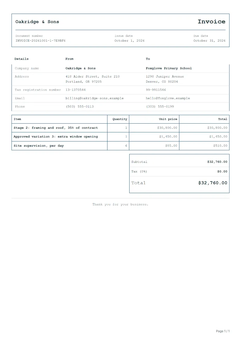 Free progress billing invoice template: sample document with line items, quantities, prices and the total