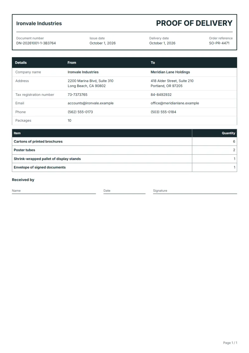 Free proof of delivery template: sample document with the items, their quantities and a signature line