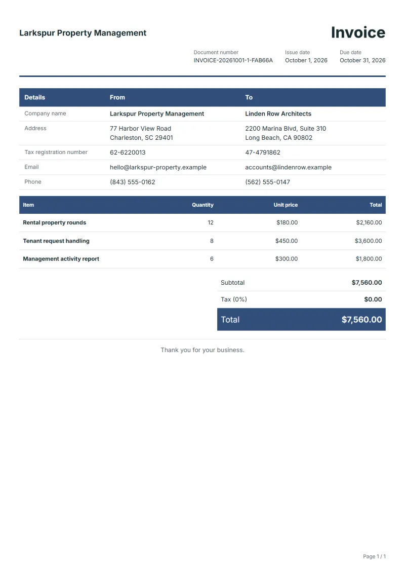 Free property management invoice template: sample document with line items, quantities, prices and the total
