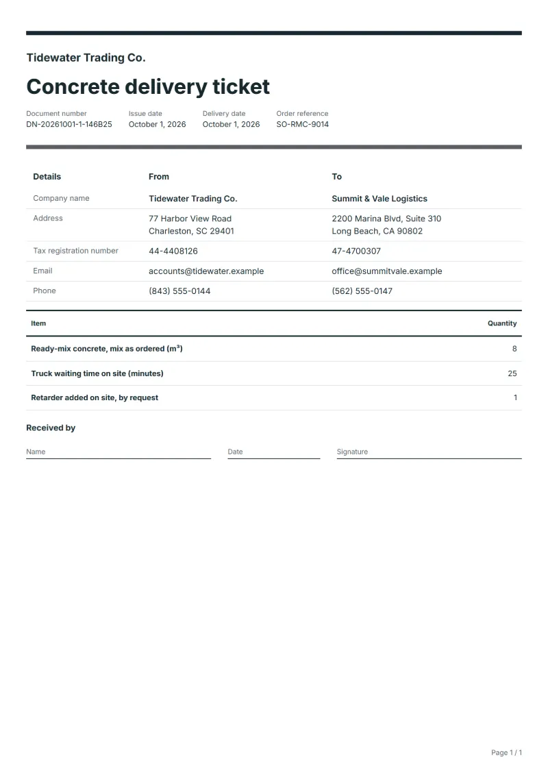 Free ready-mix concrete delivery note template: sample document with the items, their quantities and a signature line
