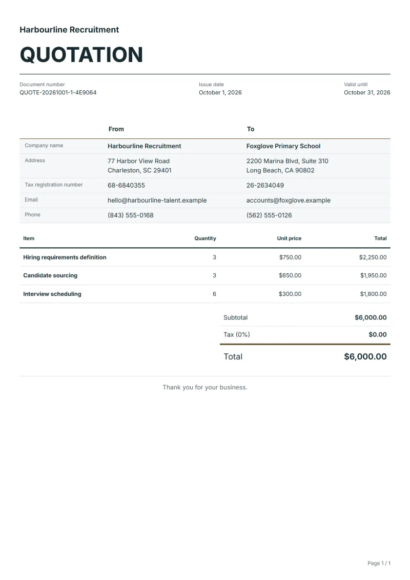 Free recruitment quotation template: sample document with line items, quantities, prices and the total