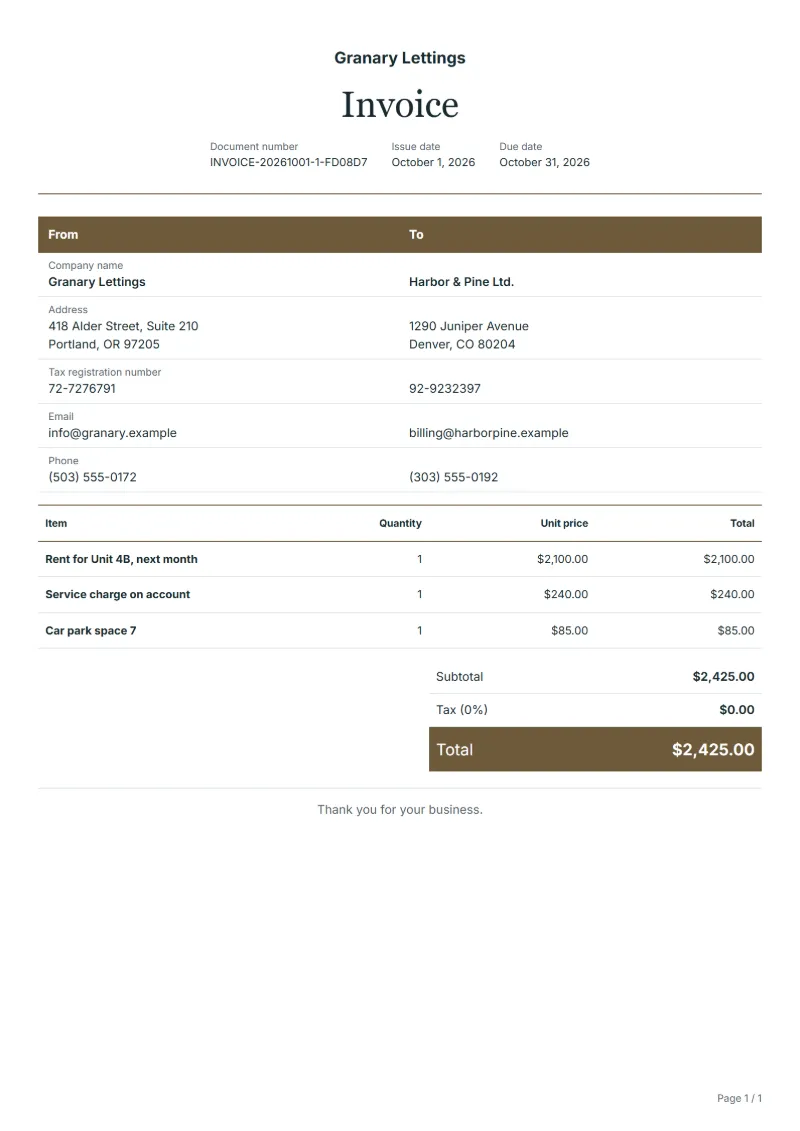 Free rent invoice template: sample document with fictional company names, line items, quantities, prices and the total