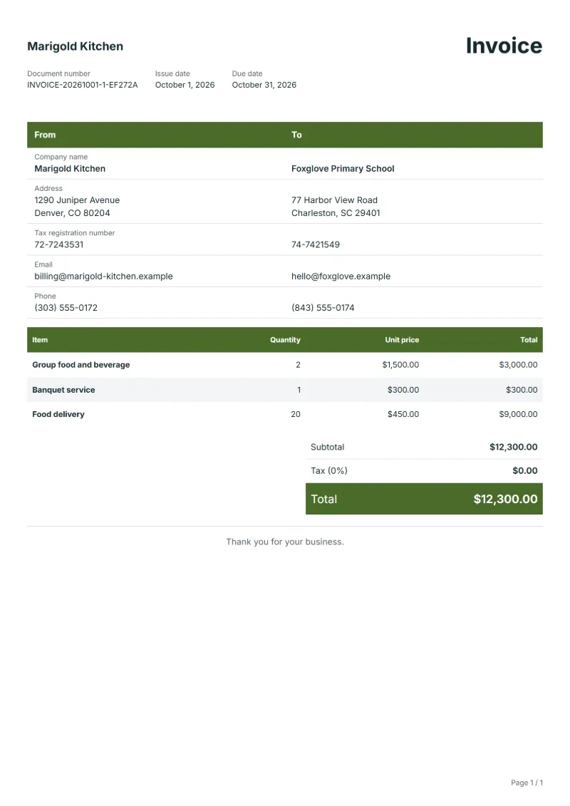 Free restaurant invoice template: sample document with fictional company names, line items, quantities, prices and the total
