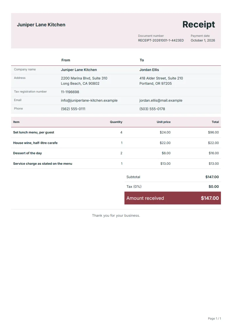 Free restaurant receipt template: sample document with fictional company names, line items, quantities, prices and the total