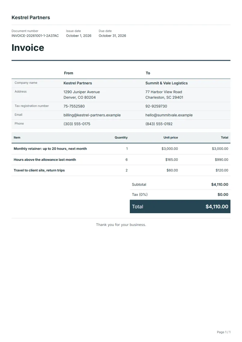Free retainer invoice template: sample document with fictional company names, line items, quantities, prices and the total