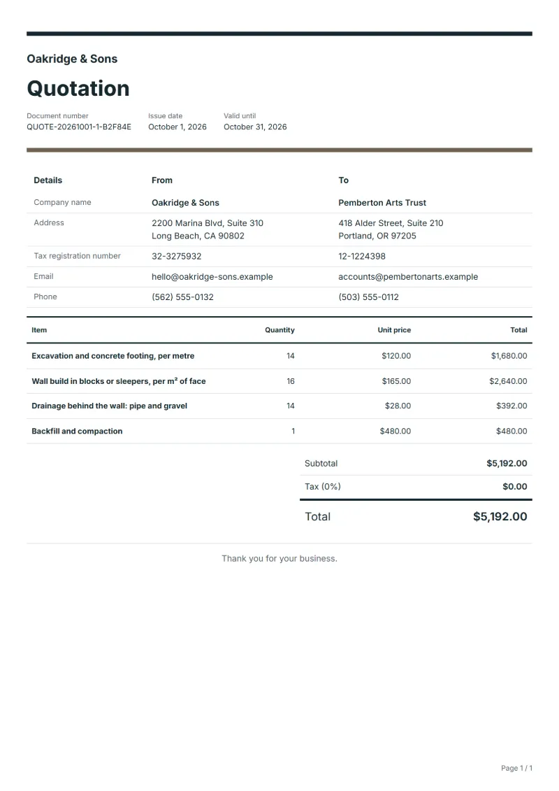 Free retaining wall quotation template: sample document with line items, quantities, prices and the total