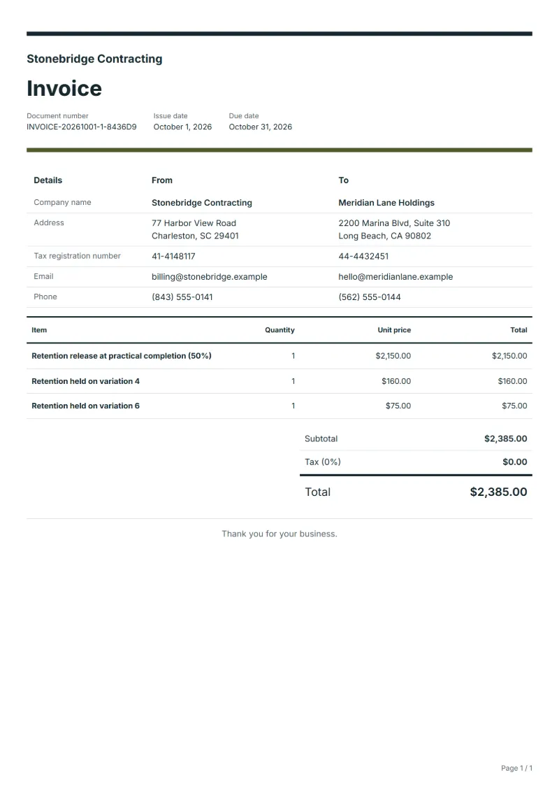 Free retention release invoice template: sample document with line items, quantities, prices and the total