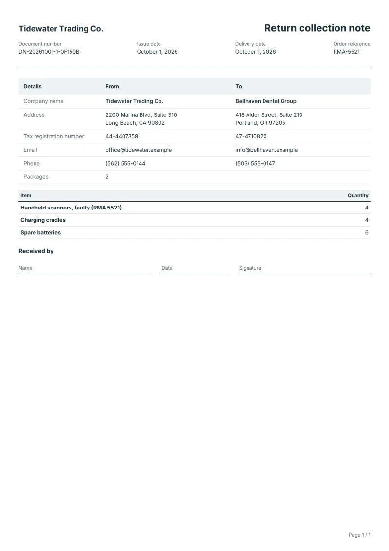 Free return collection note template: sample document with the items, their quantities and a signature line