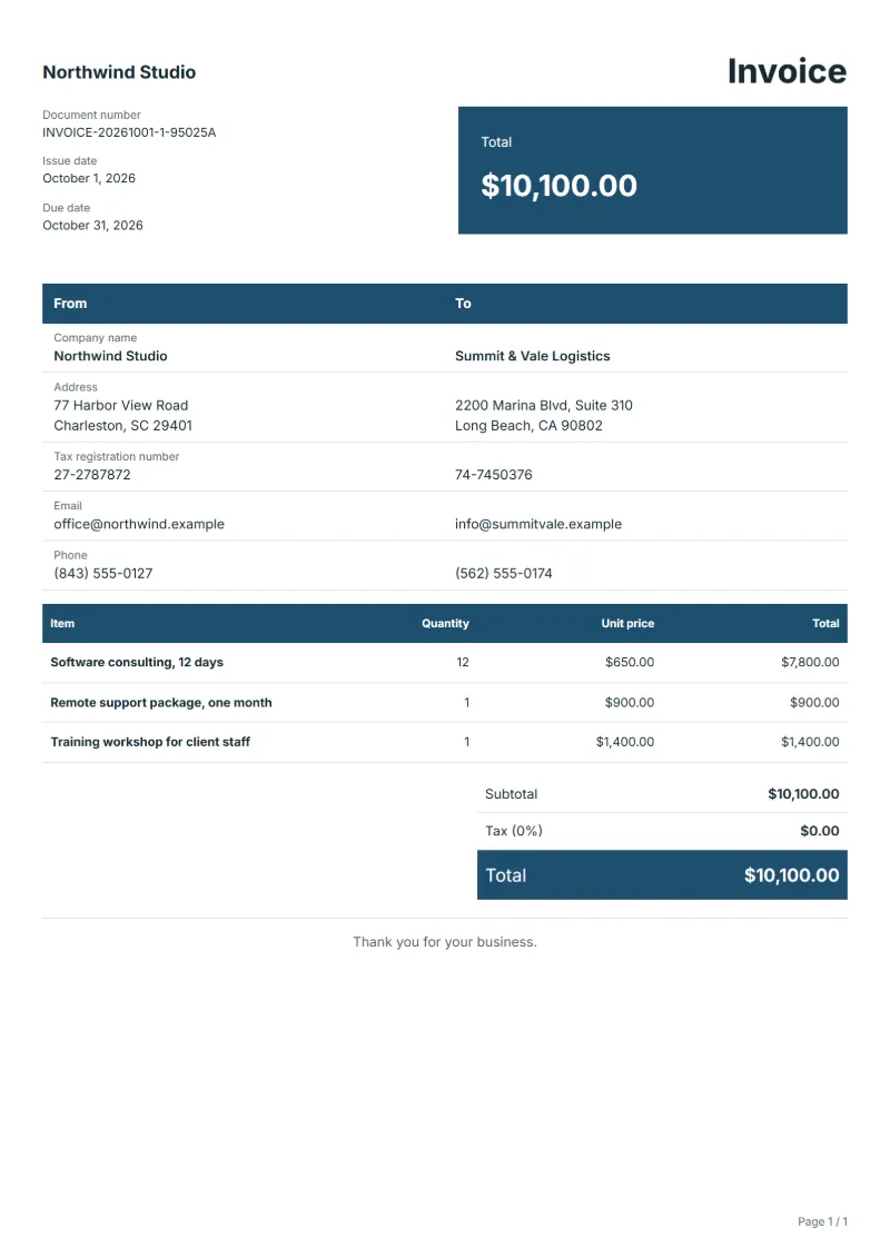 Free reverse charge invoice template: sample document with line items, quantities, prices and the total