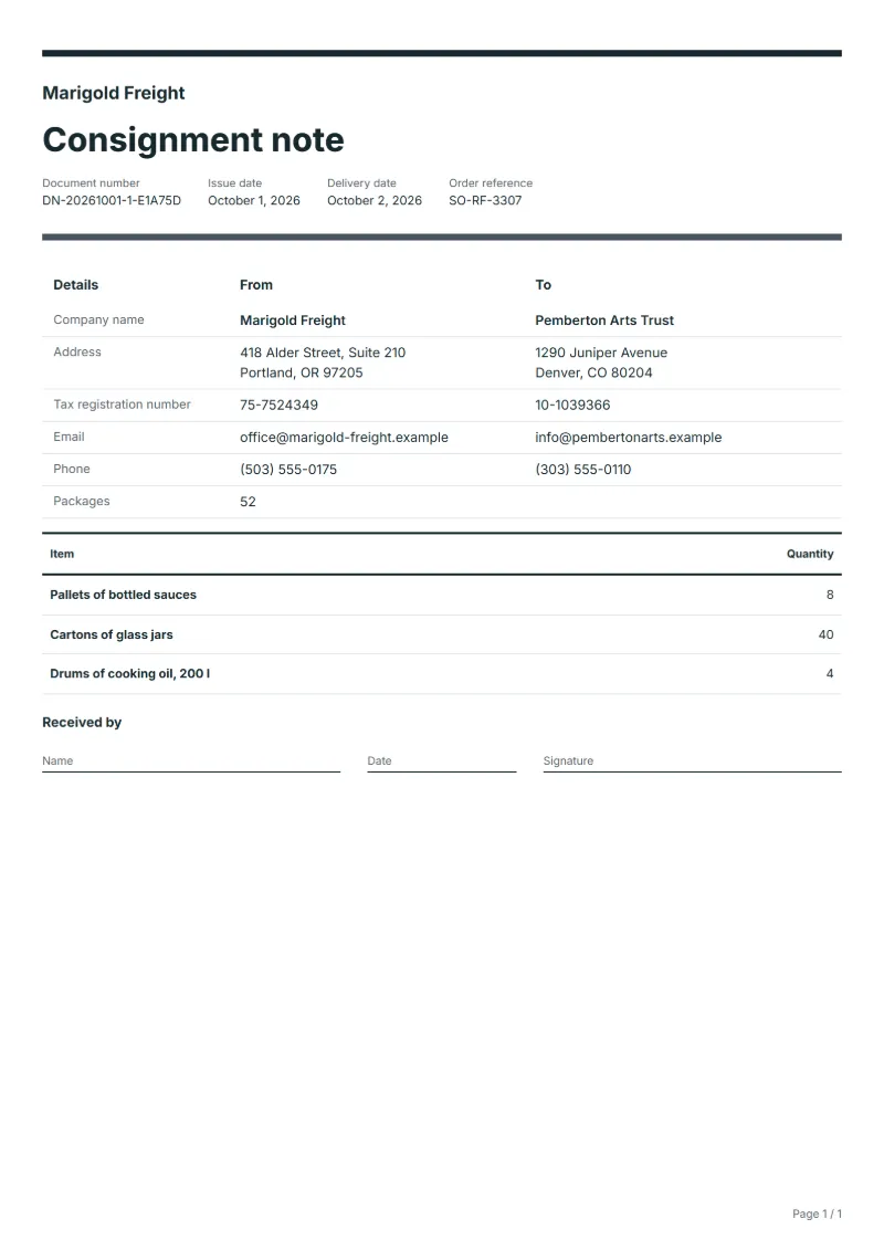 Free road freight consignment note template: sample document with the items, their quantities and a signature line