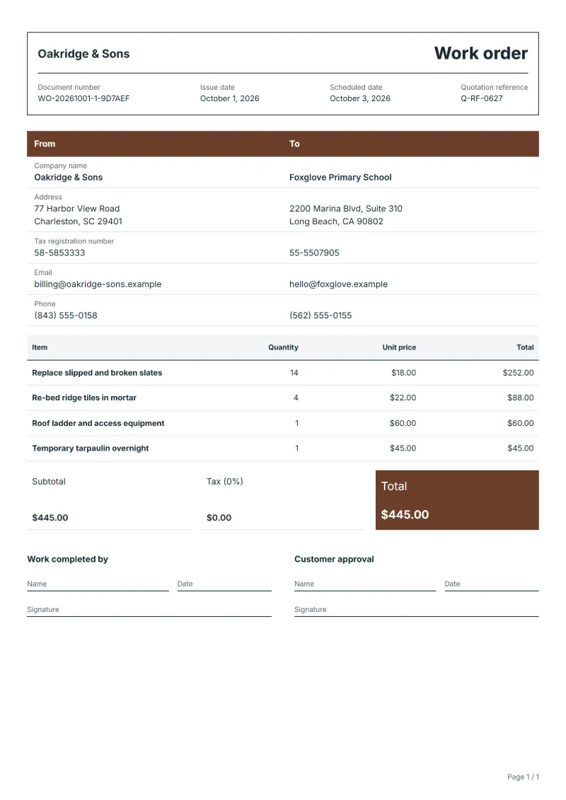 Free roof repair work order template: sample document with line items, quantities, prices and the total