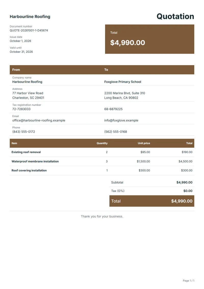 Free roofing quotation template: sample document with fictional company names, line items, quantities, prices and the total