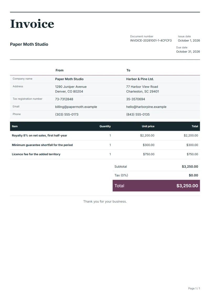 Free royalty invoice template: sample document with fictional company names, line items, quantities, prices and the total