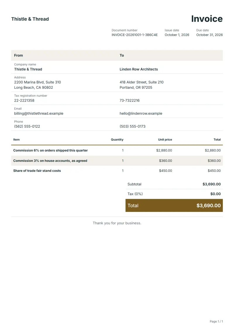 Free sales agent commission invoice template: sample document with line items, quantities, prices and the total