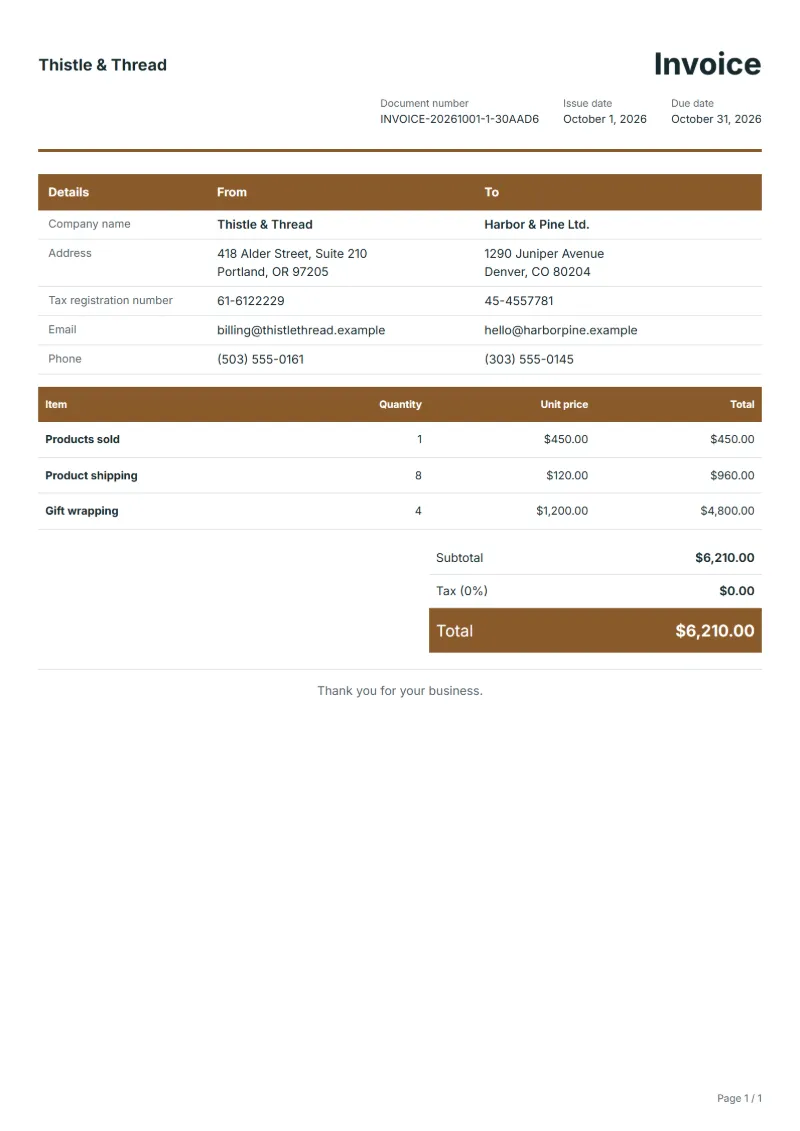 Free sales invoice template: sample document with fictional company names, line items, quantities, prices and the total