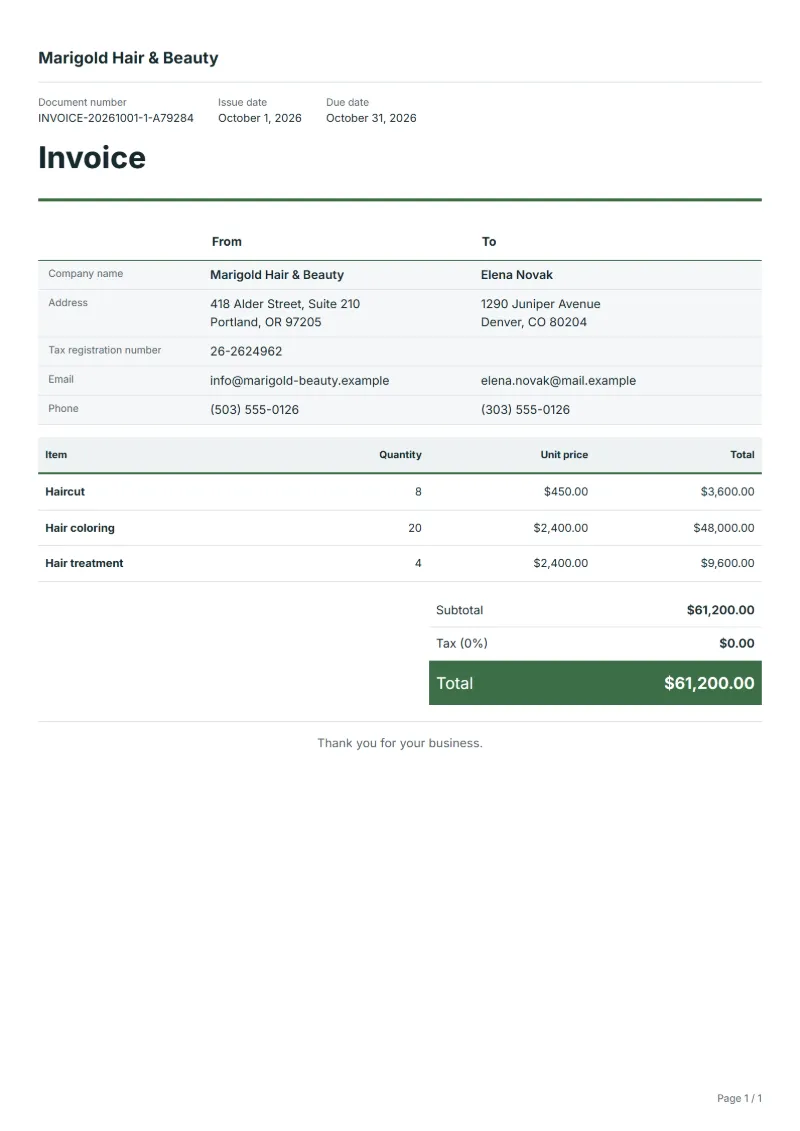 Free hair salon invoice template: sample document with fictional company names, line items, quantities, prices and the total