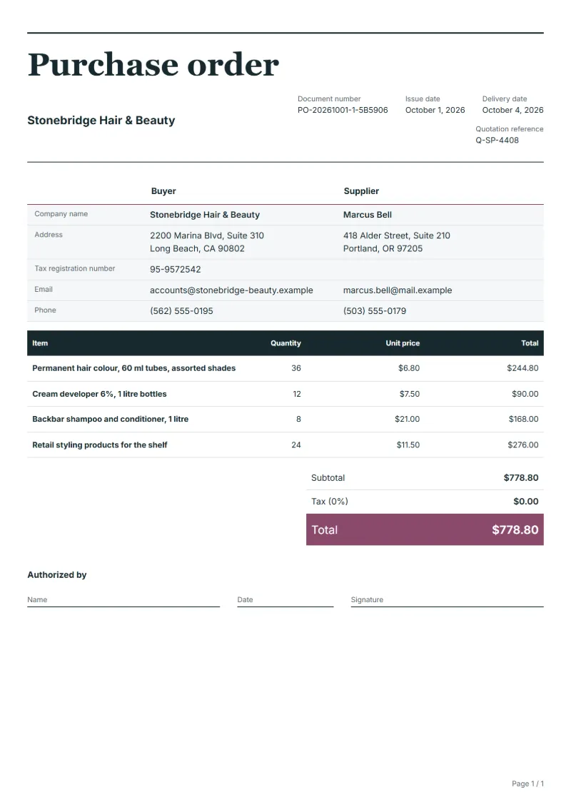 Free salon products purchase order template: sample document with line items, quantities, prices and the total