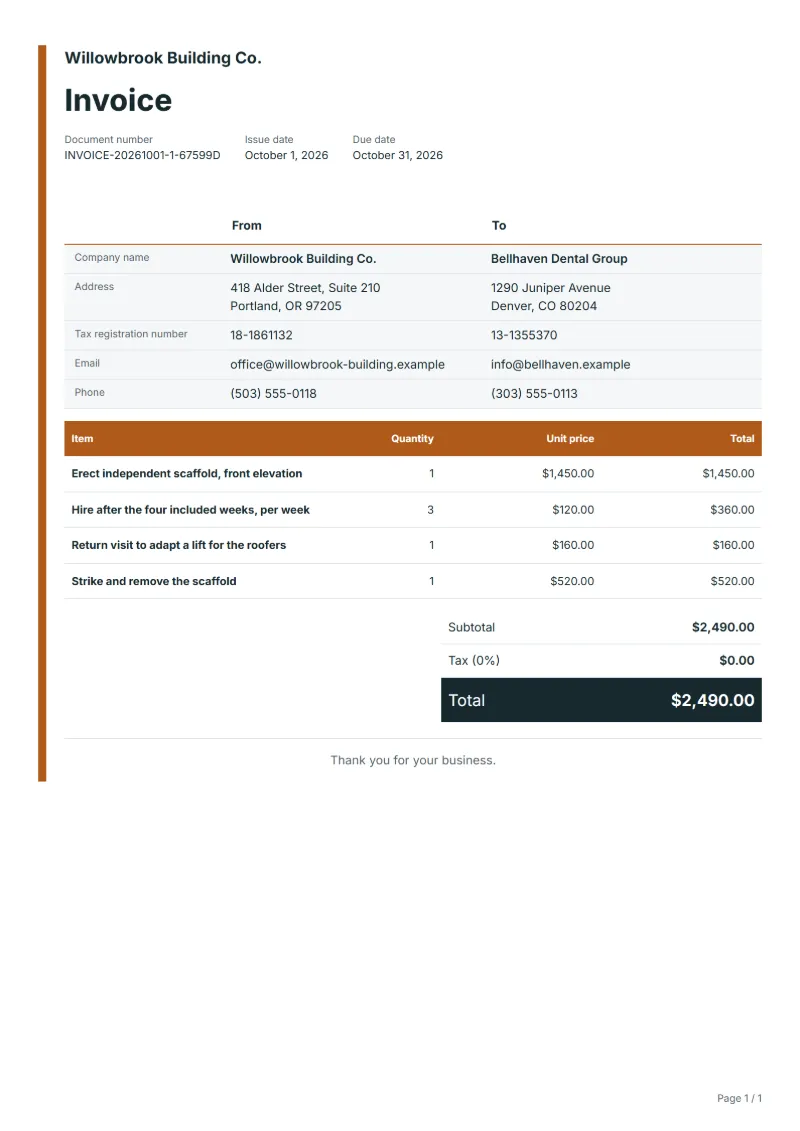 Free scaffolding invoice template: sample document with fictional company names, line items, quantities, prices and the total