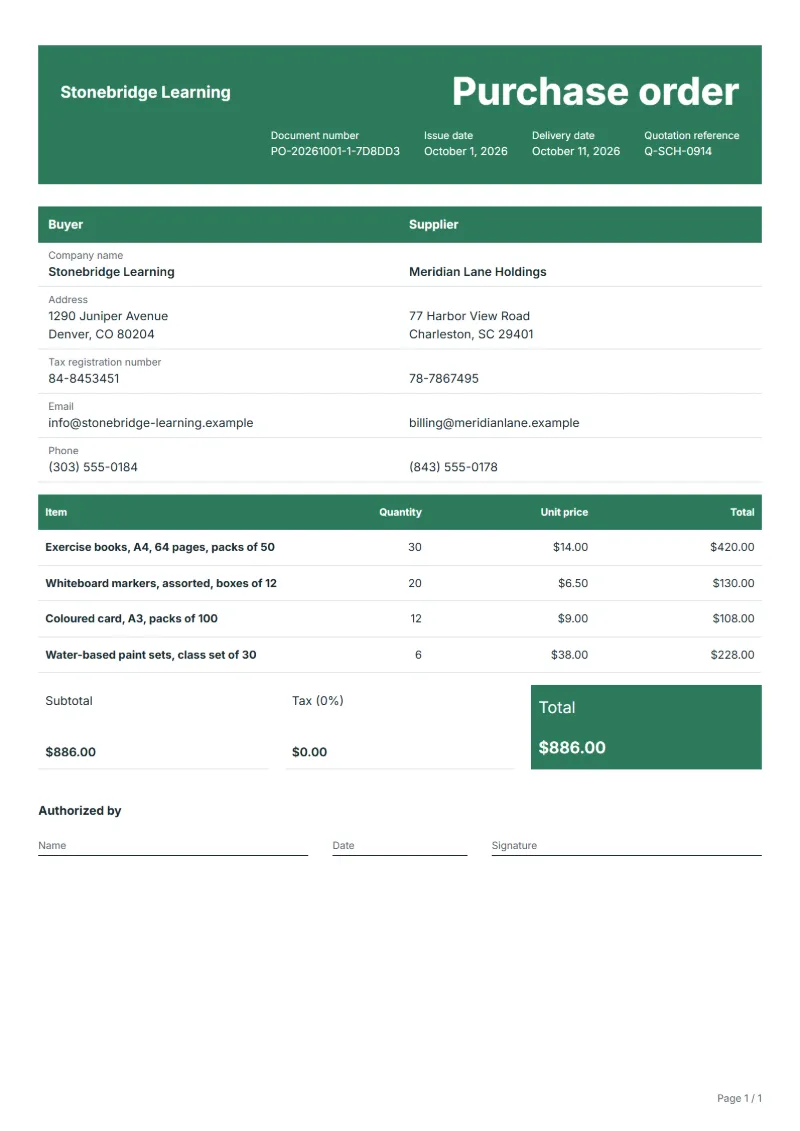 Free school classroom supplies purchase order template: sample document with line items, quantities, prices and the total