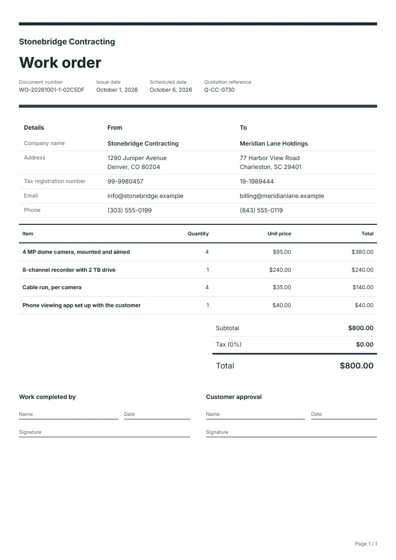 Free security camera installation work order template: sample document with line items, quantities, prices and the total