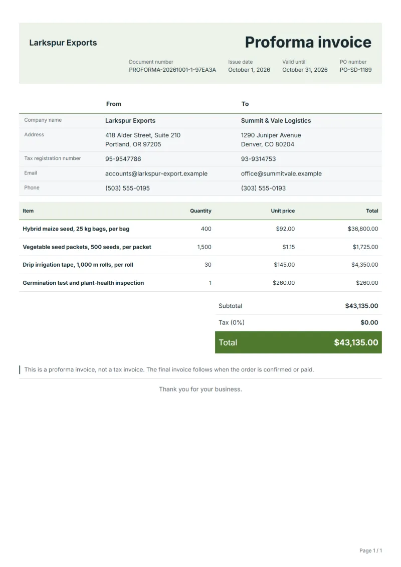 Free seed and crop input export proforma invoice template: sample document with line items, quantities, prices and the total