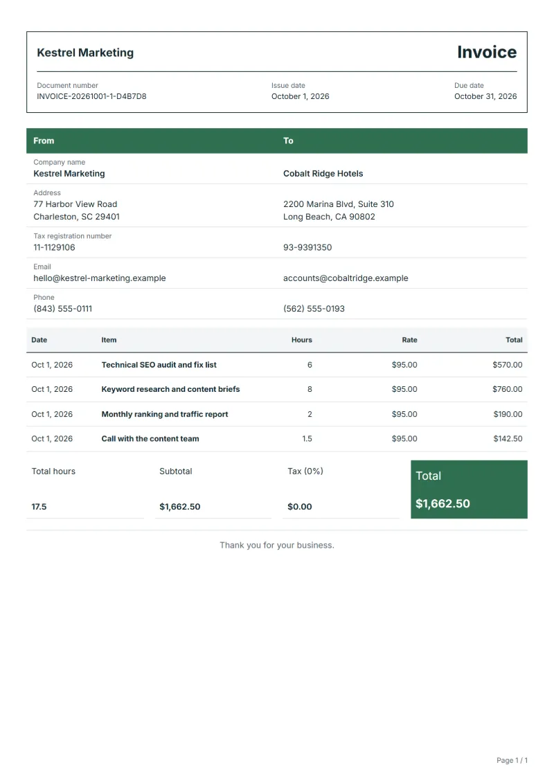 Free SEO consultant invoice template: sample document with fictional company names, dates, hours, hourly rates and the total