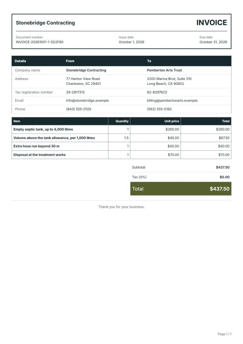 Free septic tank pumping invoice template: sample document with line items, quantities, prices and the total