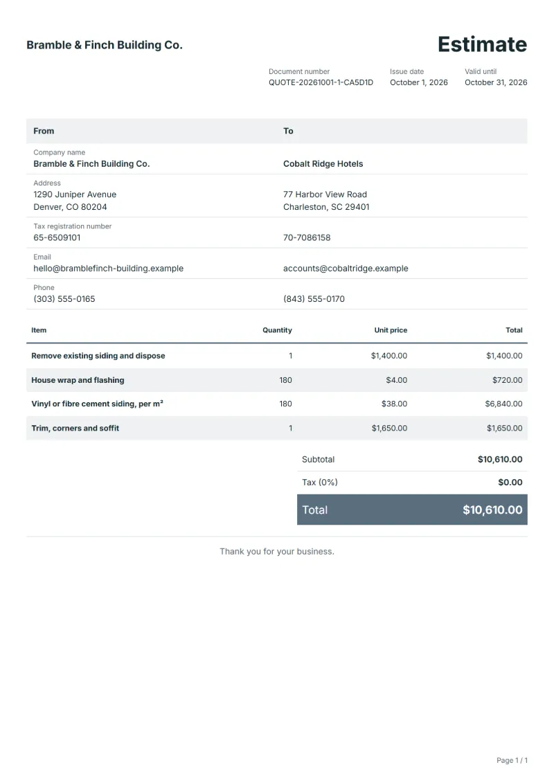 Free siding installation estimate template: sample document with line items, quantities, prices and the total
