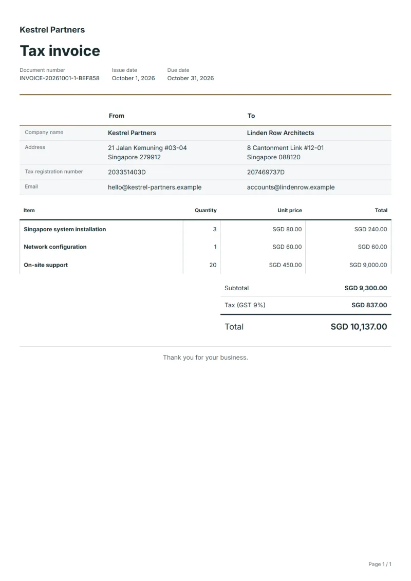 Free Singapore GST invoice template: sample document with line items, quantities, prices and the total