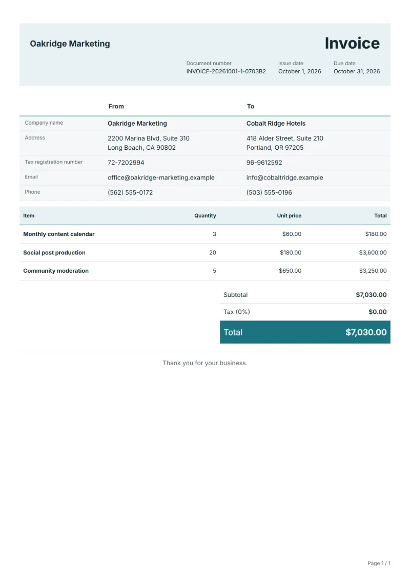 Free social media management invoice template: sample document with line items, quantities, prices and the total