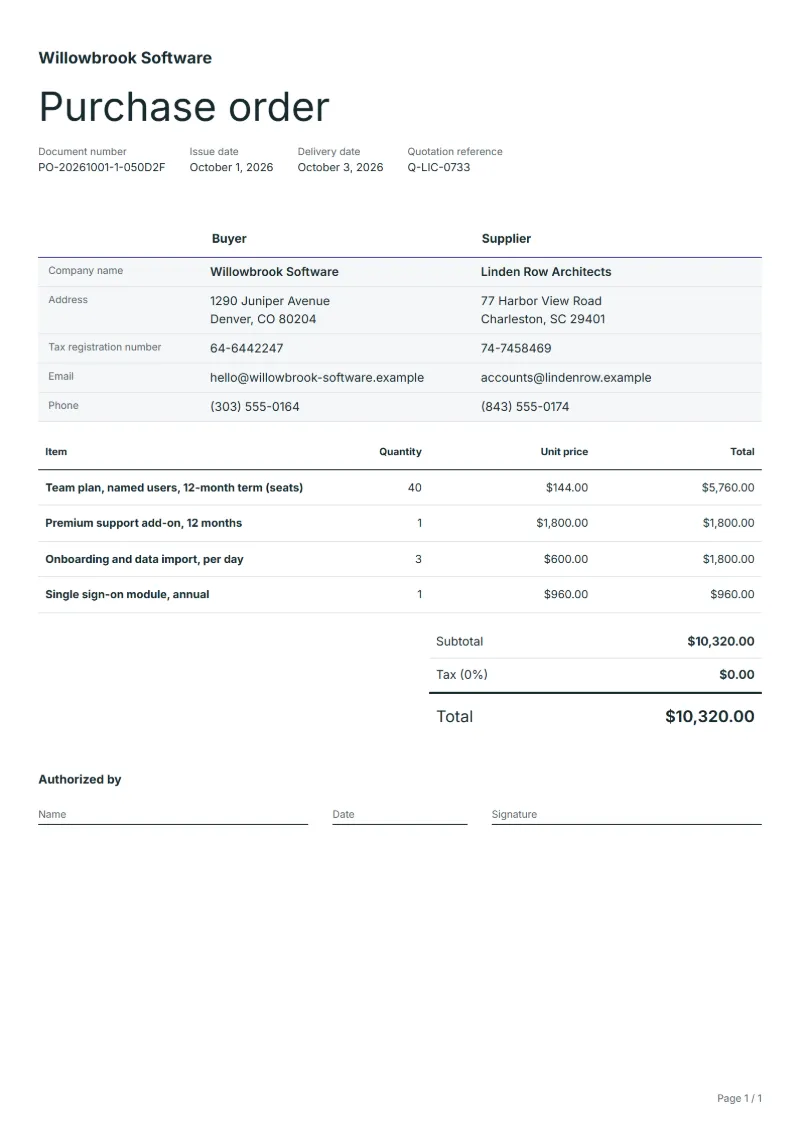 Free software licence purchase order template: sample document with line items, quantities, prices and the total