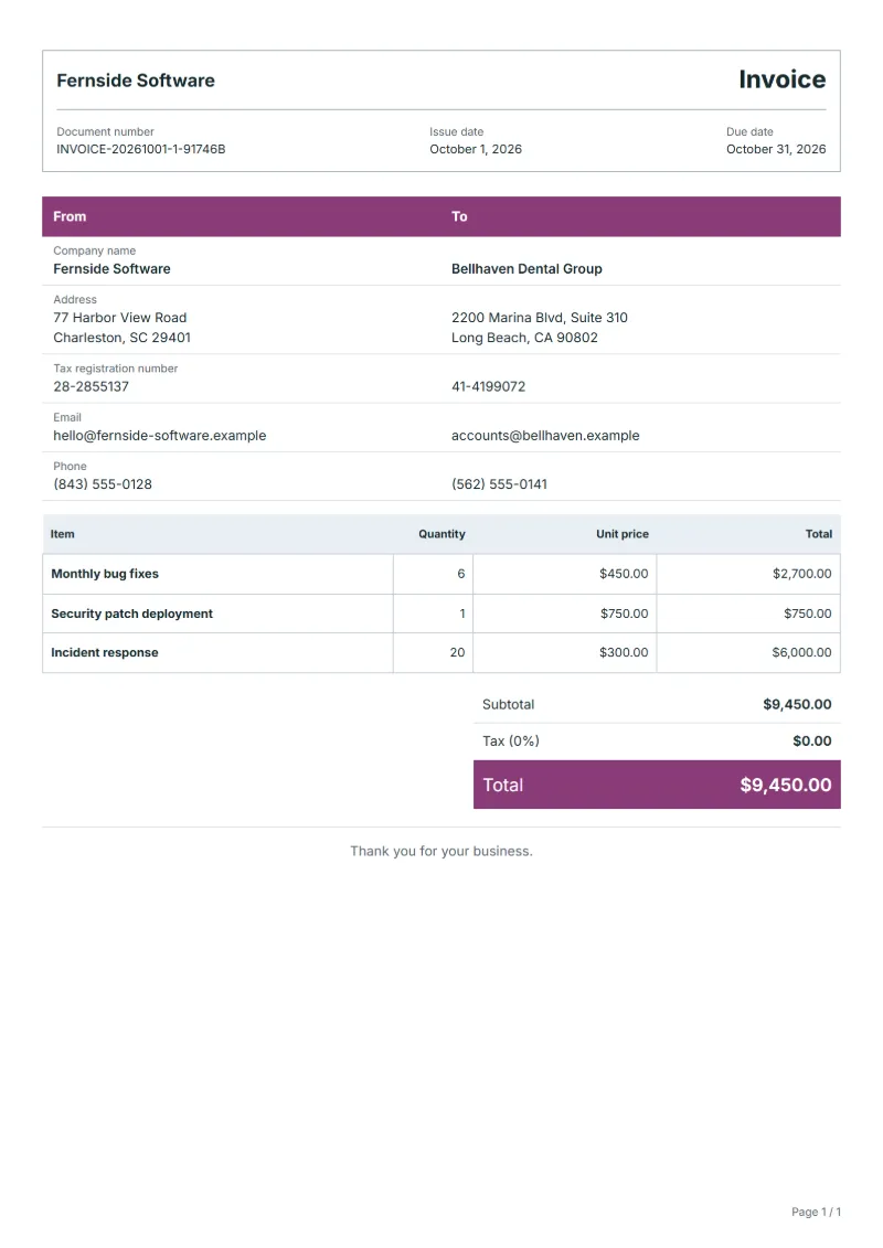 Free software maintenance invoice template: sample document with line items, quantities, prices and the total