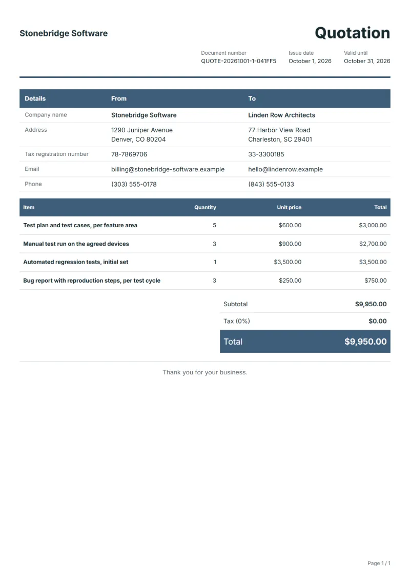 Free software testing quotation template: sample document with line items, quantities, prices and the total
