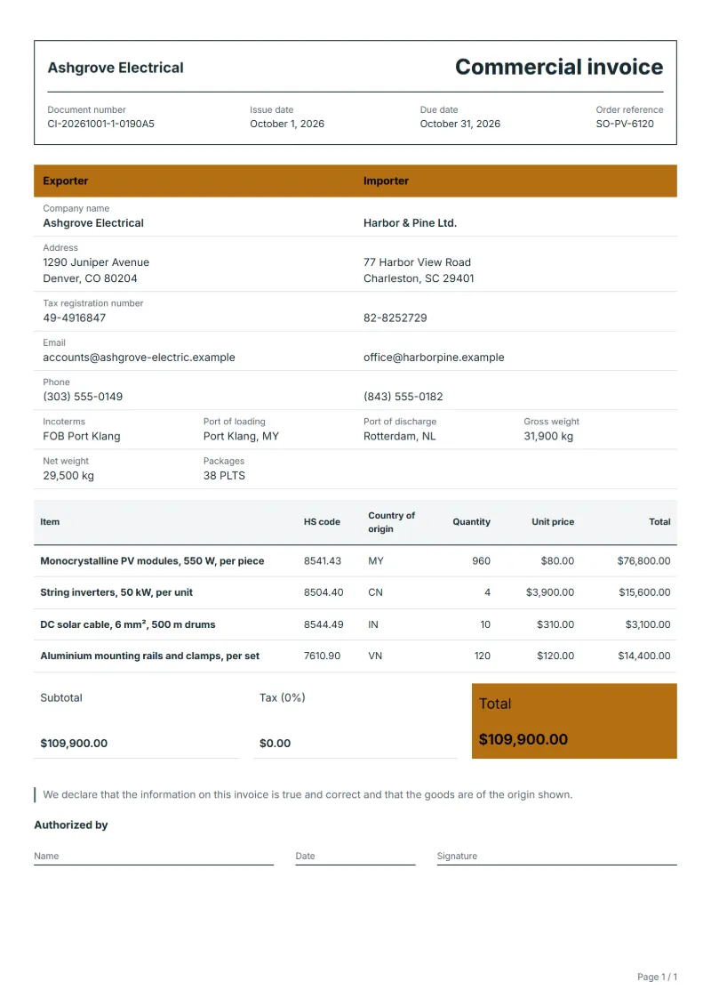 Free solar module commercial invoice template: sample document with HS code and origin columns, prices and the total