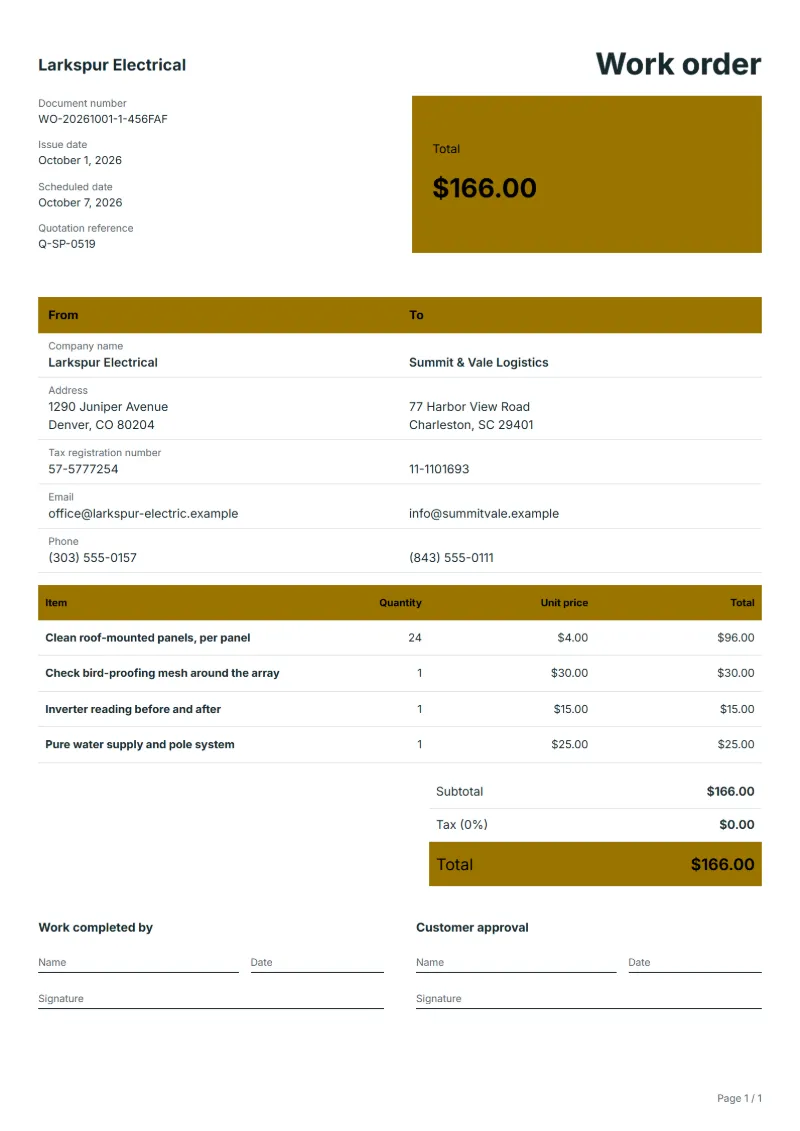 Free solar panel cleaning work order template: sample document with line items, quantities, prices and the total