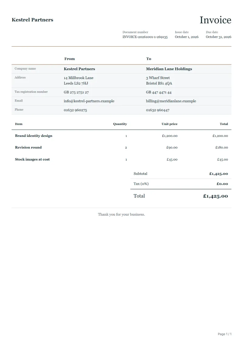 Free sole trader invoice template: sample document with fictional company names, line items, quantities, prices and the total