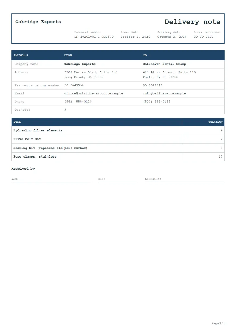 Free spare parts delivery note template: sample document with the items, their quantities and a signature line