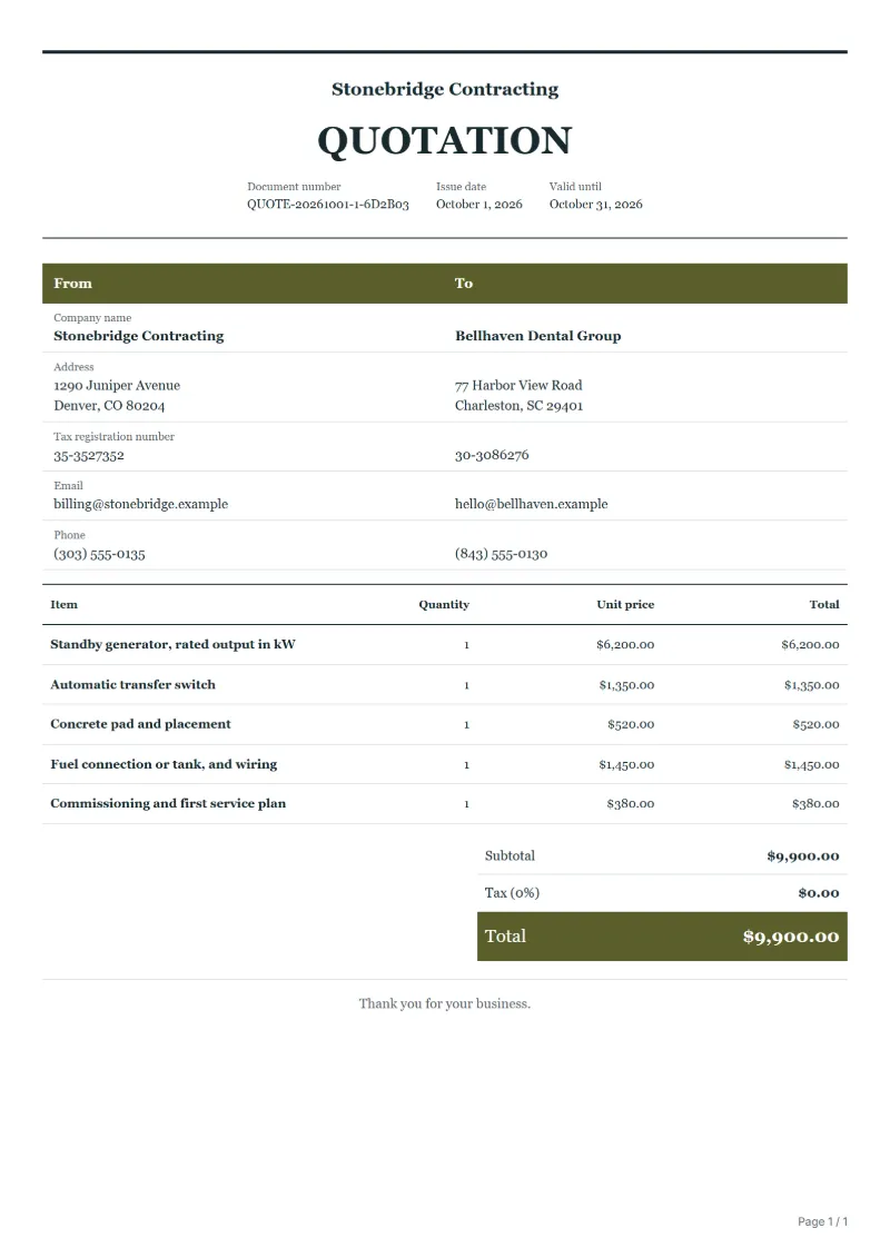 Free standby generator quotation template: sample document with line items, quantities, prices and the total