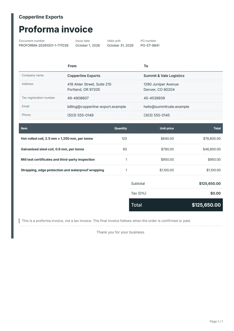 Free steel products export proforma invoice template: sample document with line items, quantities, prices and the total