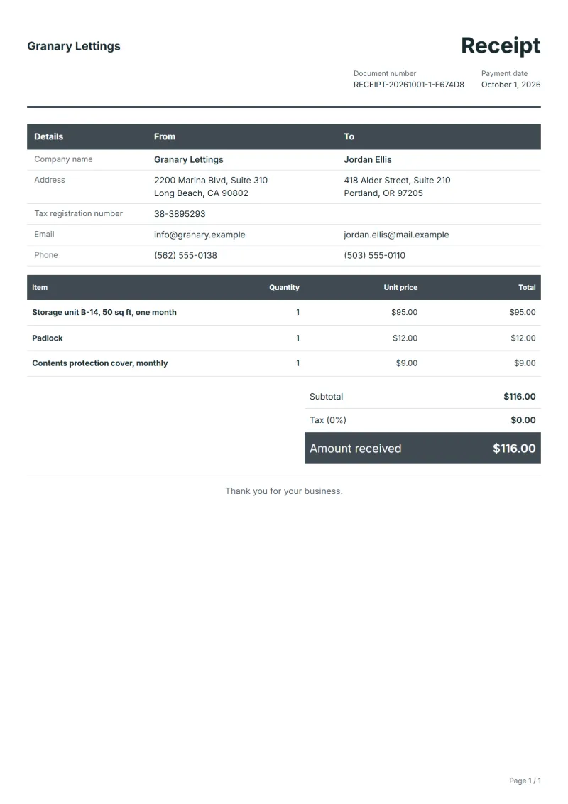 Free storage unit rental receipt template: sample document with line items, quantities, prices and the total