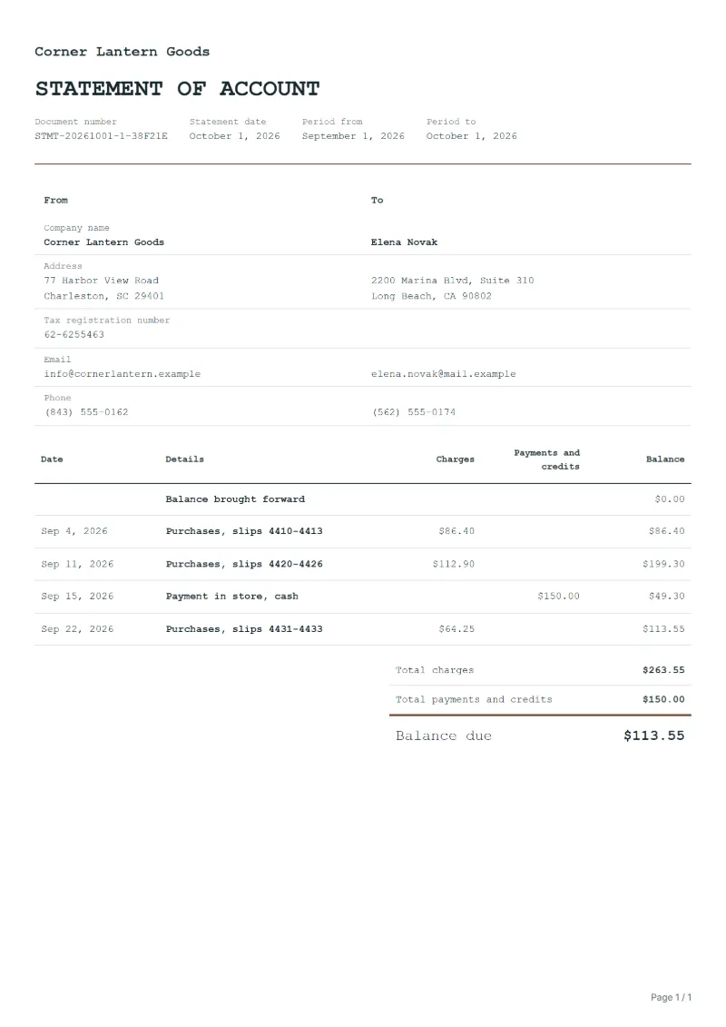 Free store house account statement template: sample document with dated charges, payments and the balance due