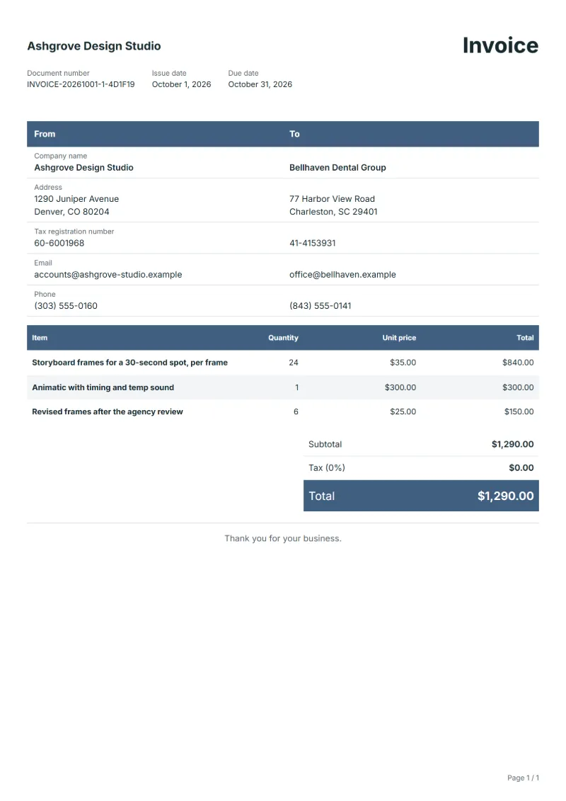 Free storyboard artist invoice template: sample document with line items, quantities, prices and the total
