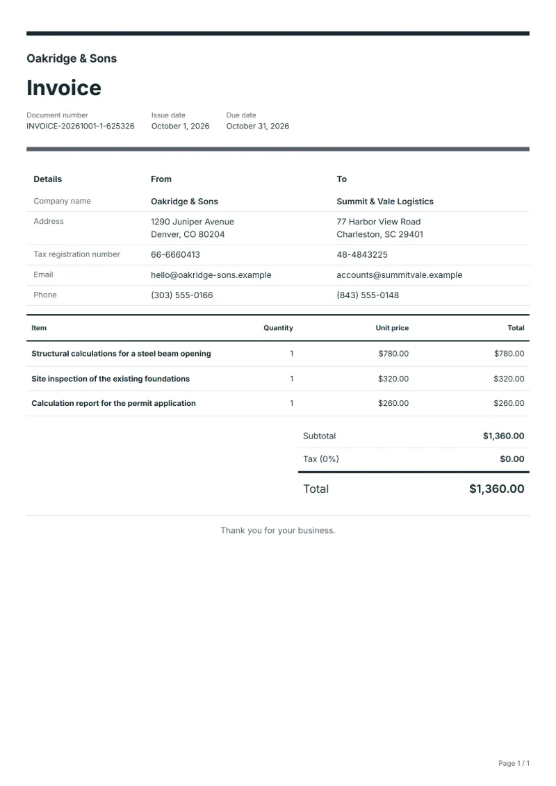 Free structural engineer invoice template: sample document with line items, quantities, prices and the total