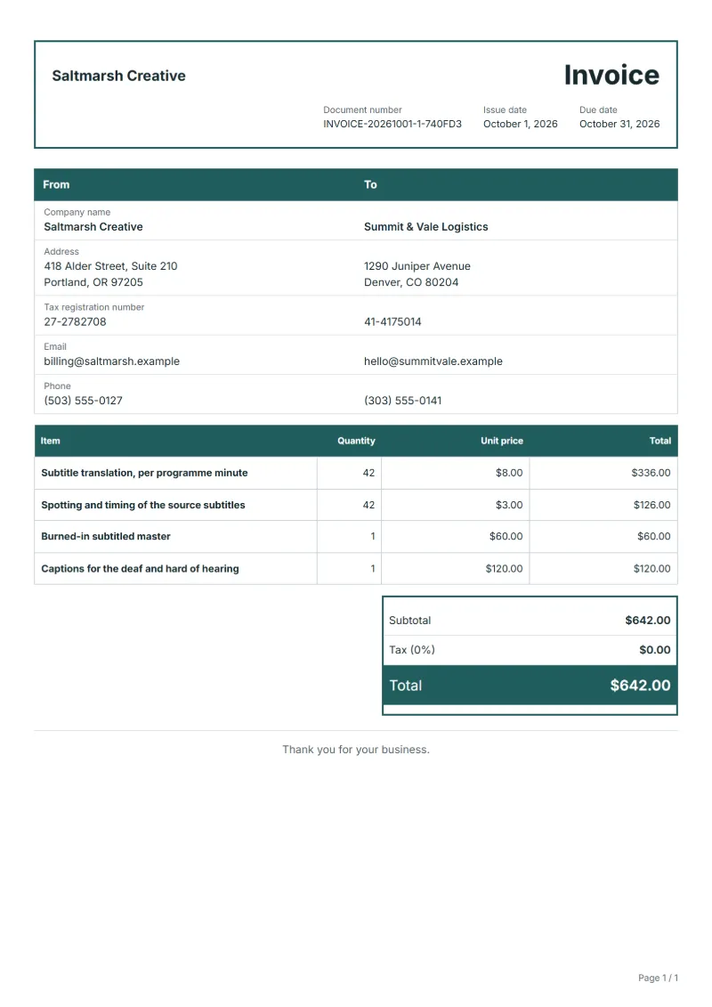 Free subtitling invoice template: sample document with fictional company names, line items, quantities, prices and the total
