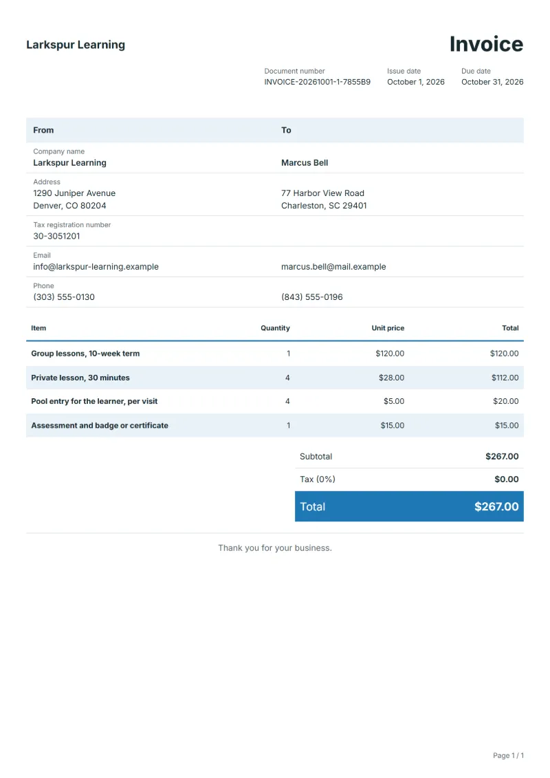 Free swimming lessons invoice template: sample document with line items, quantities, prices and the total