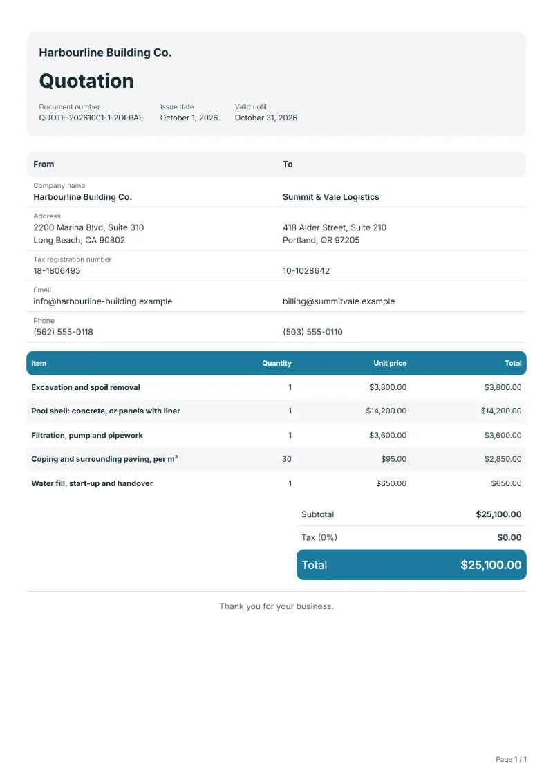 Free swimming pool construction quotation template: sample document with line items, quantities, prices and the total