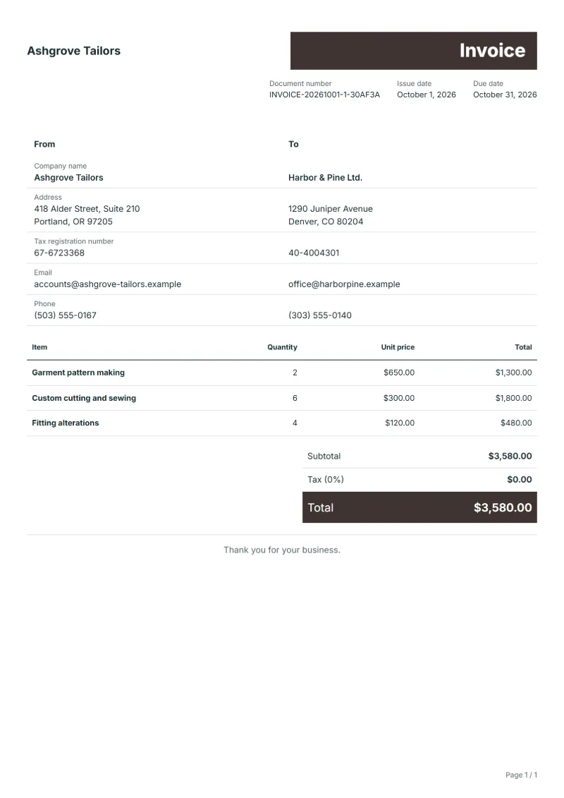 Free tailoring invoice template: sample document with fictional company names, line items, quantities, prices and the total