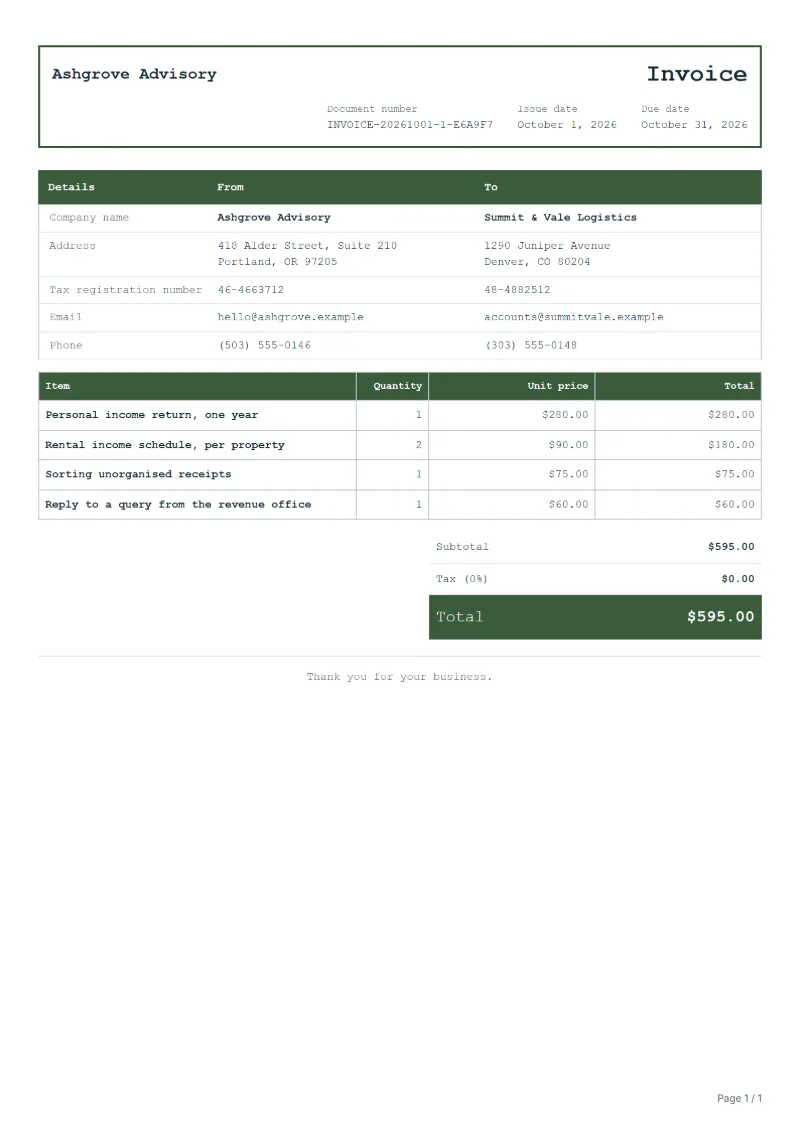 Free tax return preparation invoice template: sample document with line items, quantities, prices and the total