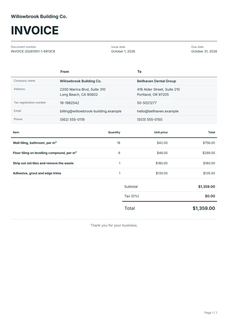 Free tiler invoice template: sample document with fictional company names, line items, quantities, prices and the total