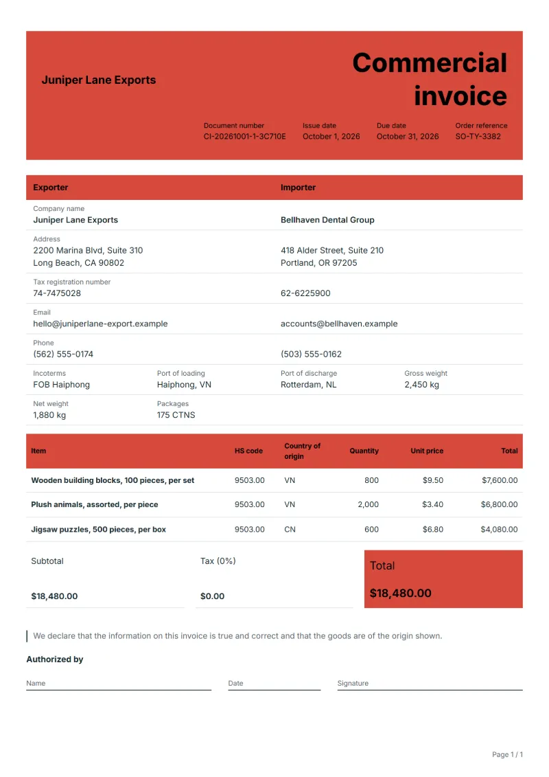 Free toys commercial invoice template: sample document with HS code and origin columns, prices and the total
